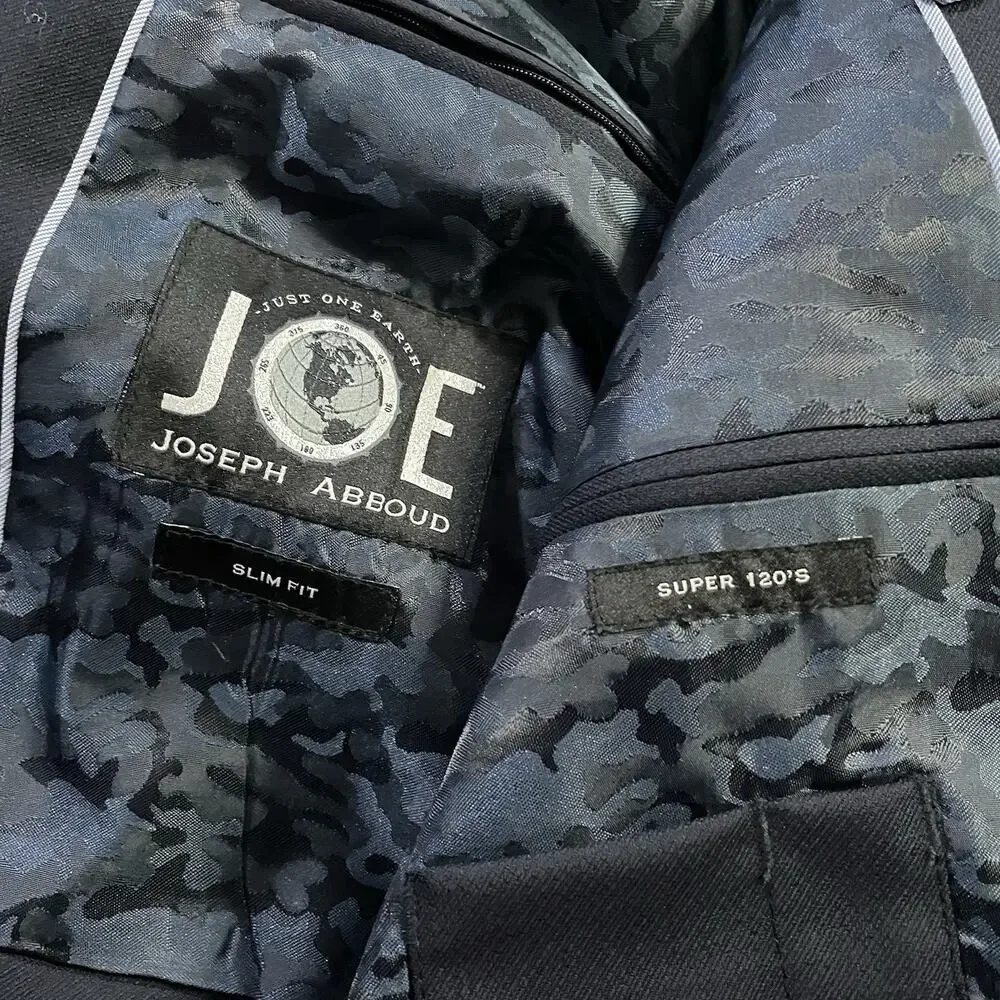JOE Joseph Abboud Blazer 44R Slim Fit Black Super 120s Wool Camo Lining Vented